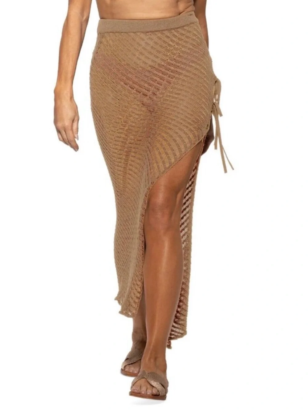 Dotti Tan Crochet Side-Slit Swim Coverup Skirt